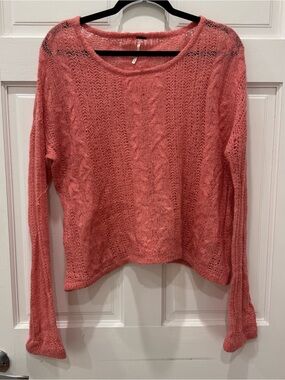 Free People Pink Open Knit Crochet Cropped Sweater Boho Shabby Chic Y2K XS Fairy